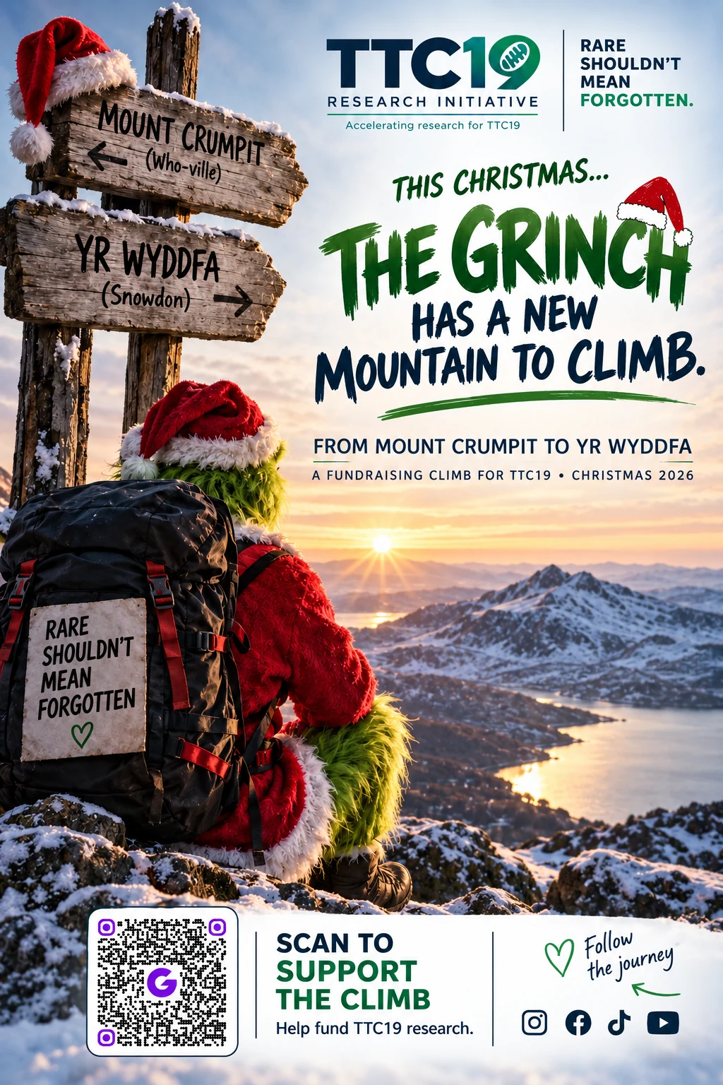 The Grinch has a new mountain to climb at Yr Wyddfa, fundraising for TTC19 in Christmas 2026